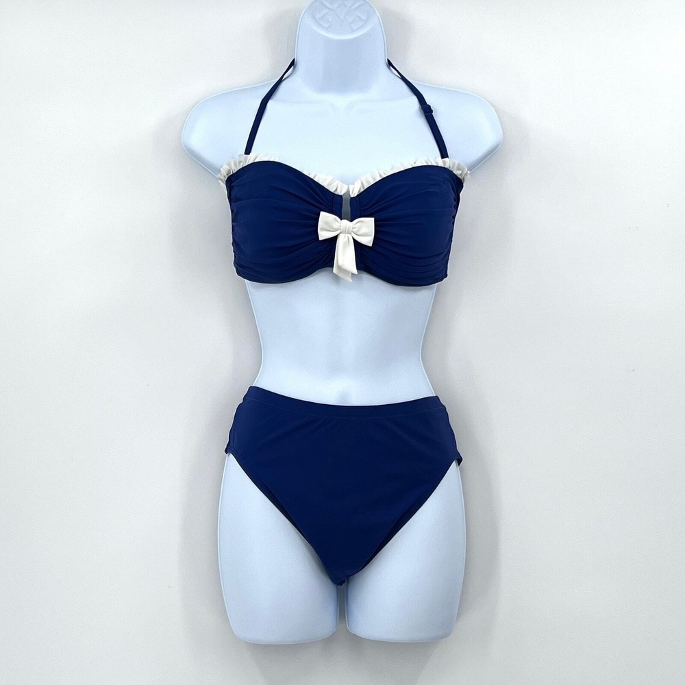 PROFILE BY GOTTEX Bandeau Bikini 10 Blue Ruffle Bow High Waist Retro 2 Piece NEW